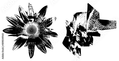Black and white halftone sunflower with textured petals, paired with fragmented abstract form, vector art, graphic design element.
