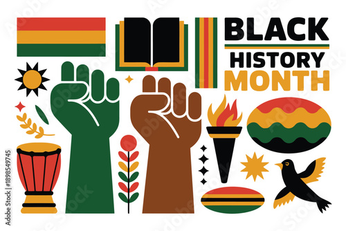 Black history day Black History Month with raised fists books torch drum and Pan African colors