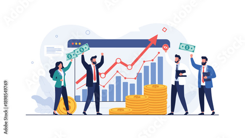 Successful business team celebrating high financial growth with rising bar charts and stacks of gold coins in a modern flat vector illustration style.