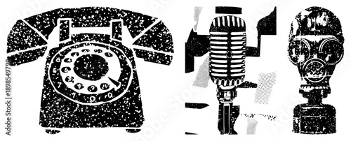 Retro rotary telephone, vintage microphone, gas mask, stylized vector, halftone texture, graphic, isolated objects, communication relics.