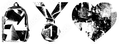 Black and white halftone vector backpack, first place medal, heart shaped collage. Graphic design elements with textured shading, isolated vector symbols for branding or UI.