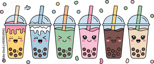 Cute Bubble Tea Outline Icon Set  Smiling Boba Cups with Kawaii Faces