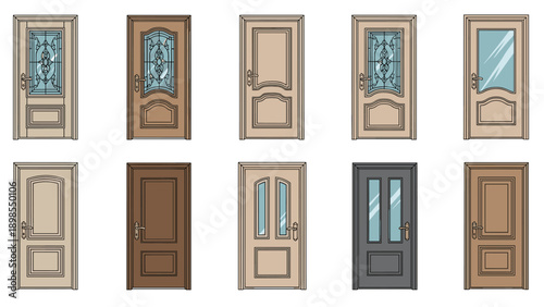 Large grid of several wooden door designs with different panel styles and glass ornaments for interior home decoration and architectural choice.