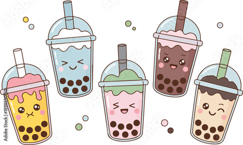 Cute Bubble Tea Outline Icon Set  Smiling Boba Cups with Kawaii Faces