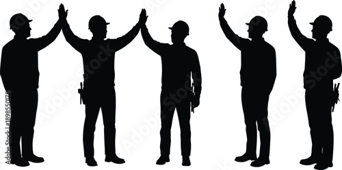 Construction workers giving high‑fives, teamwork collaboration and workplace unity concept, safety culture and camaraderie, cad drawing flat vector illustration