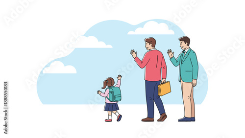 Young girl with a backpack waving goodbye to her parents as she goes to school, representing early education and family support in flat style.