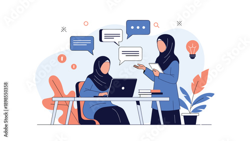 Two muslim women in hijabs working together at a desk with a laptop and documents, discussing ideas with speech bubbles and a bright lightbulb icon.