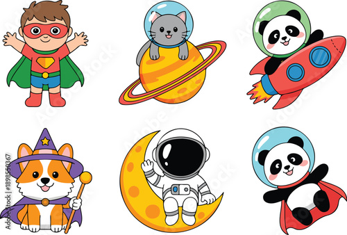 Cute Superhero Kids Outline Character Set  Space Animals and Little Heroes