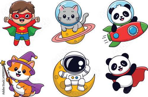 Cute Superhero Kids Outline Character Set  Space Animals and Little Heroes