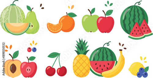 Colorful Fresh Fruit Illustration Set Featuring Apples Citrus Melon Watermelon Pineapple Banana Cherries and Berries for Healthy Nutrition and Organic Food Concepts