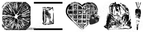 Black and white vector illustrations of food items citrus slice, chocolate bar, heart shaped waffle with strawberry, drawstring bag, carrot. Halftone texture, isolated foreground elements.
