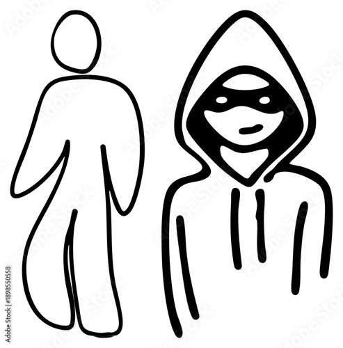 Abstract of anonymous masked figure beside plain human form, minimalist vector, digital illustration, graphic design element.