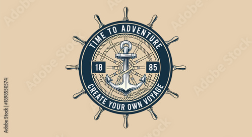 Nautical Anchor Emblem with Ship Wheel Design.