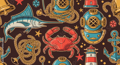 Nautical Symbols and Marine Life Illustration.