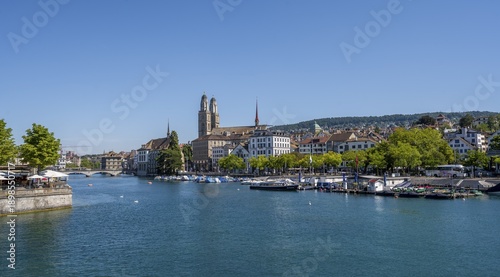 View from the Quai Bridge over the Limmat to the towers of Zurich's Old Town, Zurich, Switzerland