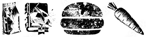 Retro halftone illustrations of snack bag, book, burger, carrot stylized food items with grainy texture, classic print aesthetic, graphic design elements.