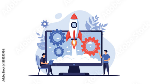 Two people working on a computer screen where a rocket is launching, surrounded by gears, representing startup success and new technology projects.