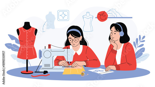 Two young women working in a fashion design studio, one using a sewing machine while the other observes and listens to music.