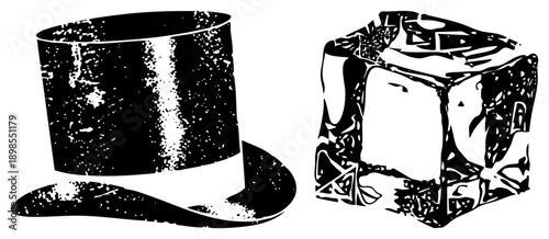 Classic top hat with brim and ice cube with texture, vector art, isolated graphic elements, stylized silhouette, vintage fashion accessory, frozen beverage garnish.