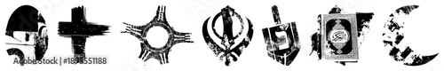 Faith emblems including, Sikh Khanda, Jewish Star of David, Islamic and Quran, Hindu Om, Buddhist wheel, all in distressed black and white vector style.