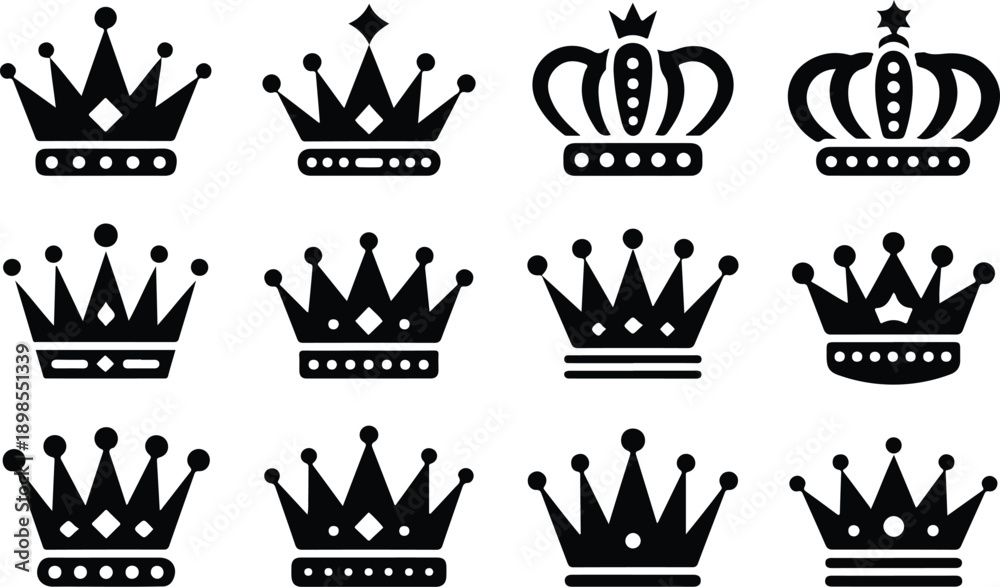 Fototapeta premium Royal Crown Outline Vector Set Elegant King and Queen Silhouettes