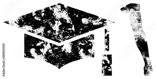 Academic mortarboard with tassel, distressed halftone print, graduation symbol, educational, black and white graphic, student achievement emblem.