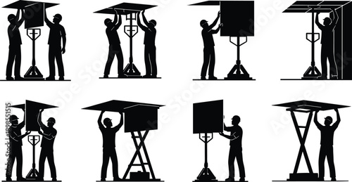 Construction workers installing large panel step by step, solar panel or canopy installation process, teamwork labor, cad drawing flat vector illustration