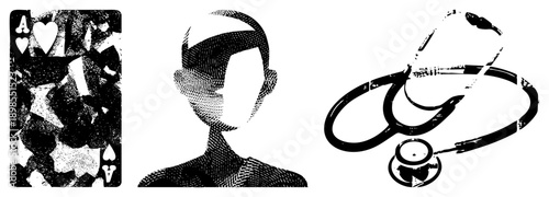 Playing card featuring Ace of, halftone texture, isolated graphic, card game symbol, poker deck element, vector illustration.