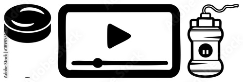Minimalist vector player, hockey puck, hydration bottle, flat design, controls, sports gear, digital interface elements.