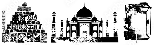 Black and white vector silhouettes of ornate and Taj Mahal, stylized architectural, graphic design elements, cultural landmarks, halftone texture, isolated foreground.