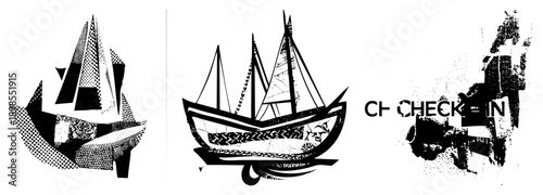 Geometric sailboat rendered in halftone, stylized maritime symbols, graphic design elements, vector art, isolated cutout.