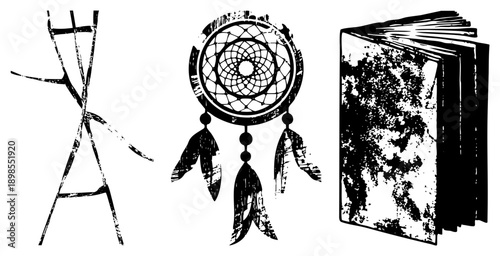 Tribal dreamcatcher with feathers, totem pole symbol, aged book, black ink vector art, spiritual and mystical design elements.