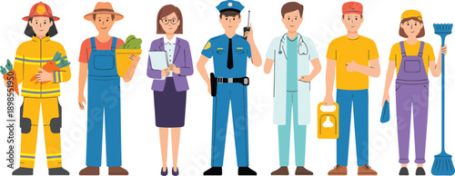 Professional People Outline Icon Set  Firefighter, Farmer, Teacher, Police, Doctor, Worker, Musician