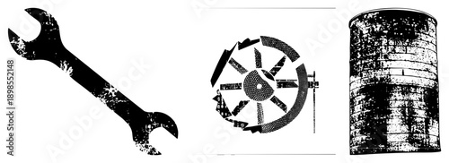 Industrial tools and equipment with distressed texture, wrench, gear, barrel, mechanical symbols, vector graphic, halftone style.