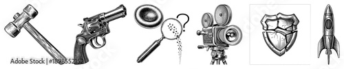 Hammer, revolver, magnifying glass with question mark, film camera, cracked shield, classic in detailed black and white vector illustrations.