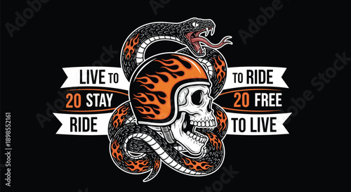 Skull with Snake and Motorcycle Helmet Design.