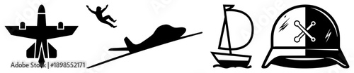 Vector representing aviation, skydiving, sailing, and navigation bold silhouettes for travel, exploration, and outdoor sports.