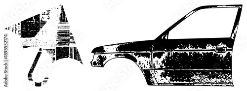 Rusty car door silhouette with distressed texture, paired with abstract umbrella shape, both rendered in gritty halftone style, ideal for urban decay or vintage design projects.