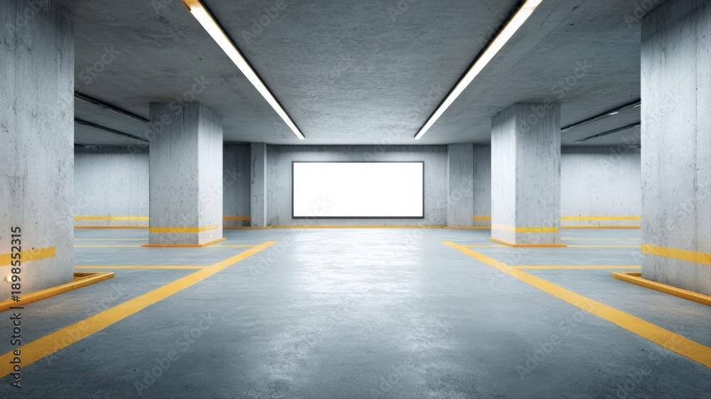 Fototapeta premium Empty Parking Garage Interior with Blank Billboard, Concrete Columns and Yellow Parking Lines, Perfect for Mockups