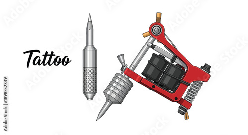 Tattoo Machine and Needles on White Background.