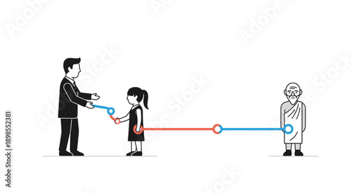 Generational Transfer and Succession Planning: Illustration of a businessman passing a connection to a girl, linked to an elderly man, symbolizing lineage and the life cycle.