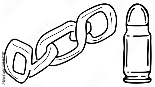 Hand drawn chain and bullet graphic, vector sketch, security or danger symbol, black art, isolated foreground elements.