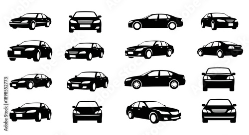 Collection of black car silhouettes from various angles.