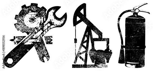 Mechanical gear and wrench, oil derrick pump, fire extinguisher, industrial safety and maintenance symbols, halftone vector.