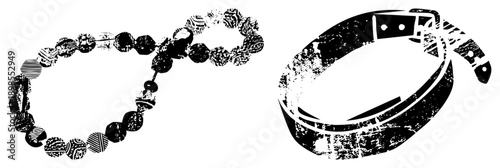 Graphic vector illustration of beaded jewelry and belt with gritty texture, style, fashion accessories, urban streetwear, stylized silhouette.