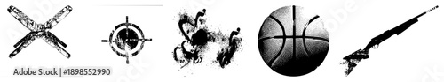 Graphic set of five vector sticks, bullseye, ink splatter, basketball, shotgun isolated, stylized, halftone textures, flat design, symbolic.