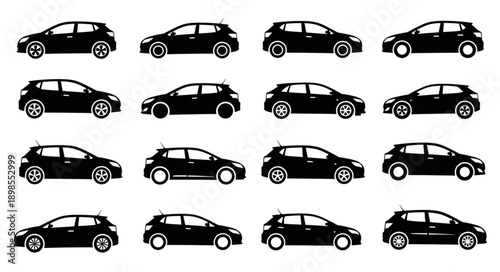 Collection of black car silhouettes in various angles.