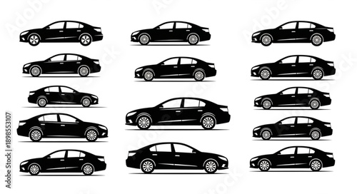 Collection of black car silhouettes in various models.