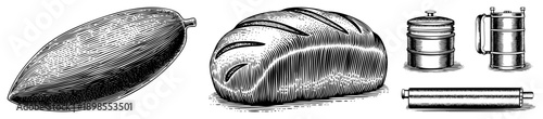 Hand drawn engraving of cocoa pod, artisan bread loaf, stacked tins, and rolling pin, classic culinary tools, rustic kitchenware, vintage illustration style.