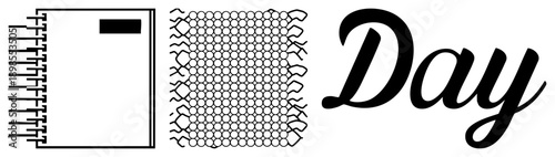 Spiral bound notebook with blank pages, dotted grid journal, handwritten "Day" script, minimalist stationery, planner accessory, daily journaling tool.